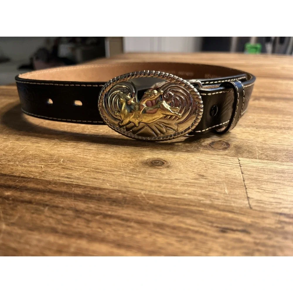 Nacona Belt Co Youth 24 Bull Riding Rodeo Embossed Tooled Leather Belt